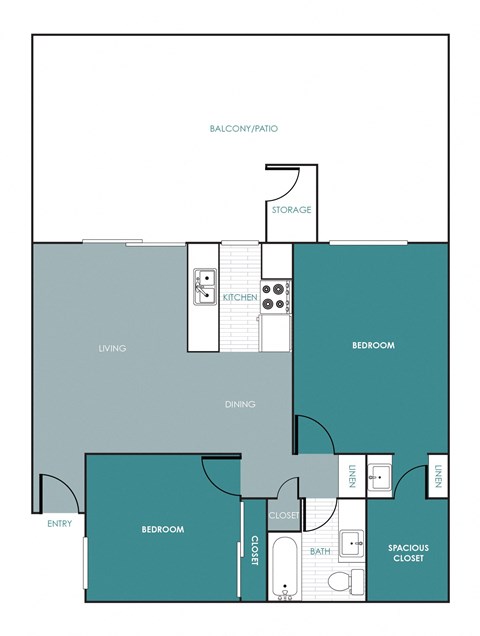 Floor plan for 2 beds, 1 bath, 950 sqft